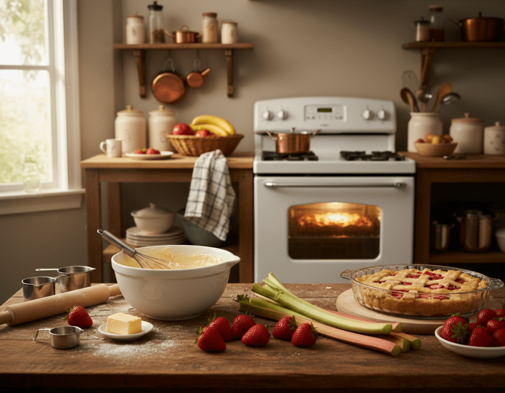 A beautifully arranged kitchen scene showcasing the process of baking strawberry rhubarb cake step by step. In the foreground, a wooden table laden with fresh strawberries and rhubarb stalks next to a mixing bowl filled with cake batter. A whisk and measuring cups are scattered around, emphasizing the baking action. In the middle, a bright oven showing the cake baking, with a warm, inviting glow emanating. The background features vintage kitchen utensils, a fruit basket, and soft natural light filtering in through a window, creating a cozy, homely atmosphere. The scene captures the joy and simplicity of home baking, evoking a sense of warmth and delicious anticipation.