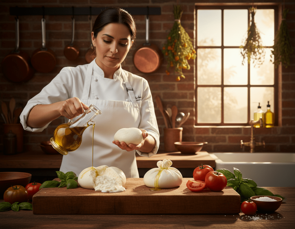 A beautifully arranged kitchen scene showcasing the process of preparing burrata cheese, emphasizing common mistakes to avoid. In the foreground, a wooden cutting board with freshly made burrata, surrounded by ingredients like ripe tomatoes, fresh basil, and a drizzle of olive oil. In the middle ground, a chef, dressed in a white apron and professional attire, carefully handles the burrata, demonstrating the correct technique, with a focused expression. The background features rustic kitchen elements, such as hanging herbs and vintage utensils, bathed in warm, natural light streaming through a window. The mood is inviting and educational, emphasizing the art of cheese-making with a touch of elegance.