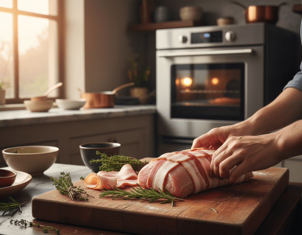A beautifully arranged kitchen scene, showcasing the process of wrapping tender pork tenderloin in crispy bacon. In the foreground, a raw pork tenderloin lies on a wooden cutting board, surrounded by fresh herbs like rosemary and thyme, along with slices of bacon artfully arranged. The middle layer captures a cook's hands skillfully wrapping the bacon around the meat, showcasing the intricate technique involved. The background features a softly lit oven preheating, with a warm glow emanating from within. Natural light streams in through a nearby window, creating an inviting and homey atmosphere. The composition is framed with a blurred kitchen setting, emphasizing the focus on the cooking process. A beautifully arranged kitchen scene, showcasing the process of wrapping tender pork tenderloin in crispy bacon. In the foreground, a raw pork tenderloin lies on a wooden cutting board, surrounded by fresh herbs like rosemary and thyme, along with slices of bacon artfully arranged. The middle layer captures a cook's hands skillfully wrapping the bacon around the meat, showcasing the intricate technique involved. The background features a softly lit oven preheating, with a warm glow emanating from within. Natural light streams in through a nearby window, creating an inviting and homey atmosphere. The composition is framed with a blurred kitchen setting, emphasizing the focus on the cooking process.
