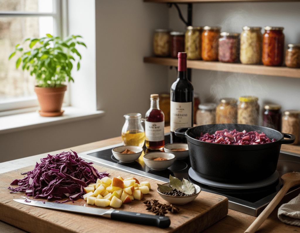 A beautifully arranged kitchen scene showcasing the step-by-step preparation of Apfelrotkohl (red cabbage with apple). In the foreground, a wooden cutting board displays freshly chopped red cabbage and peeled apples, with a sharp kitchen knife gleaming beside them. The middle ground features a pot on a stovetop, gently simmering, with steam rising in the warm light. Surrounding the pot, various spices are neatly organized, creating an inviting atmosphere. In the background, soft-focus shelves hold jars of canned goods and a potted herb, adding warmth and a homey feel. The setting is well-lit with natural daylight pouring in through a window, casting soft shadows, evoking a sense of comfort and creativity in cooking. A beautifully arranged kitchen scene showcasing the step-by-step preparation of Apfelrotkohl (red cabbage with apple). In the foreground, a wooden cutting board displays freshly chopped red cabbage and peeled apples, with a sharp kitchen knife gleaming beside them. The middle ground features a pot on a stovetop, gently simmering, with steam rising in the warm light. Surrounding the pot, various spices are neatly organized, creating an inviting atmosphere. In the background, soft-focus shelves hold jars of canned goods and a potted herb, adding warmth and a homey feel. The setting is well-lit with natural daylight pouring in through a window, casting soft shadows, evoking a sense of comfort and creativity in cooking.