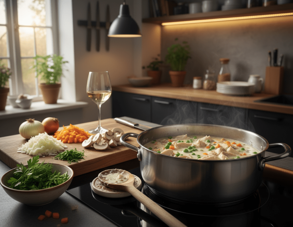 A beautifully arranged kitchen scene showcasing the step-by-step preparation of Hühnerfrikassee. In the foreground, a pot on the stove simmering with tender chicken pieces, vegetables, and creamy sauce, with a wooden spoon resting beside it. In the middle, a cutting board with finely chopped onions, carrots, and mushrooms, along with a bowl of fresh herbs and a glass of white wine. The background features a cozy kitchen setting with warm lighting, emphasizing the inviting atmosphere. Natural light filters through a window, casting soft shadows and highlighting the textures of the ingredients. The composition conveys a sense of warmth and home-cooked comfort, perfect for illustrating the classic dish.