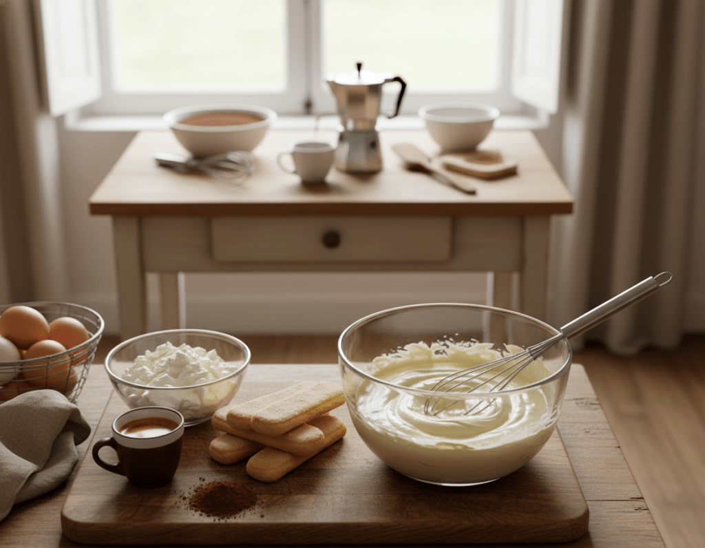 A beautifully arranged kitchen scene showcasing the step-by-step preparation of Tiramisu. In the foreground, there is a wooden cutting board with fresh ingredients: espresso coffee, mascarpone cheese, ladyfingers, cocoa powder, and eggs. Next to it, an elegant glass mixing bowl filled with creamy mascarpone mixture is seen. The middle of the image features a charming, vintage-style kitchen table adorned with kitchen utensils, a whisk, and a coffee pot brewing fresh espresso. In the background, soft natural light streams through a window, illuminating the scene with a warm and inviting glow, creating a cozy and friendly atmosphere. The camera angle is slightly overhead, capturing the entirety of the preparation process in an organized and aesthetically pleasing manner.