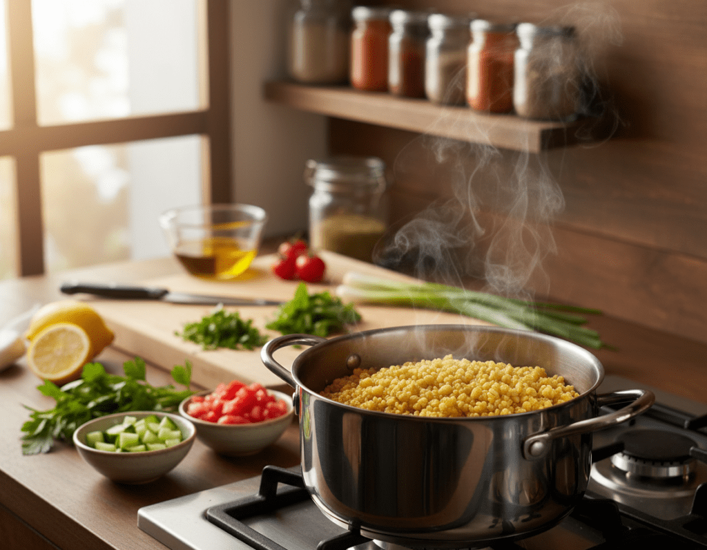 A beautifully arranged kitchen scene showcasing the step-by-step preparation of bulgur. In the foreground, a pot filled with golden bulgur grain sits on a stove, steam gently rising, indicating it's perfectly cooked. Surrounding the pot are fresh ingredients like diced tomatoes, cucumbers, parsley, and a lemon, all washed and ready to use. In the middle, a chopping board holds a knife with chopped vegetables, while behind, a well-stocked kitchen shelf displays spices in jars and a bowl of olive oil. Soft, natural light filters through a nearby window, creating a warm and inviting atmosphere. Capture the precision of cooking with a shallow depth of field, focusing on the bulgur while softly blurring the background, emphasizing the culinary artistry and inviting vibe of cooking. A beautifully arranged kitchen scene showcasing the step-by-step preparation of bulgur. In the foreground, a pot filled with golden bulgur grain sits on a stove, steam gently rising, indicating it's perfectly cooked. Surrounding the pot are fresh ingredients like diced tomatoes, cucumbers, parsley, and a lemon, all washed and ready to use. In the middle, a chopping board holds a knife with chopped vegetables, while behind, a well-stocked kitchen shelf displays spices in jars and a bowl of olive oil. Soft, natural light filters through a nearby window, creating a warm and inviting atmosphere. Capture the precision of cooking with a shallow depth of field, focusing on the bulgur while softly blurring the background, emphasizing the culinary artistry and inviting vibe of cooking.