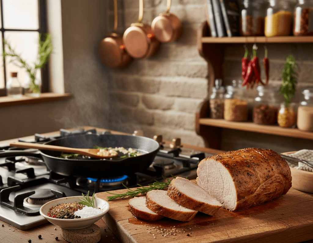 A beautifully arranged kitchen scene showcasing the step-by-step process of roasting pork tenderloin. In the foreground, a wooden cutting board displays a perfectly cooked, golden-brown Schweinefilet sliced into thick, juicy pieces, juices glistening. Beside it, a small bowl of seasoning blends and fresh herbs adds a splash of color. In the middle, a stovetop with a sizzling pan filled with chopped garlic and rosemary, emitting steam, creating a warm, inviting atmosphere. The background features rustic kitchen elements like hanging pots and wooden shelves filled with spices, hinting at a cozy culinary space. Soft, diffused lighting illuminates the scene, suggesting a late afternoon ambiance, with a shallow depth of field focusing on the pork tenderloin.