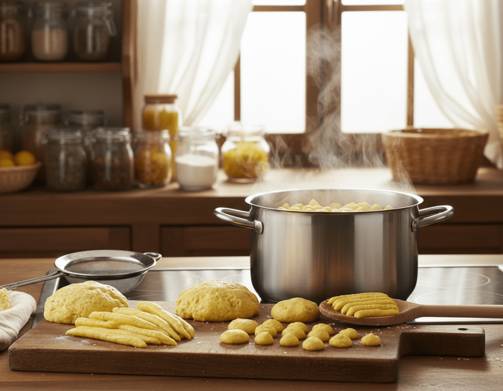 A beautifully arranged kitchen scene showcasing various Spätzle forming techniques. In the foreground, a wooden cutting board displays fresh dough shaped into unique Spätzle forms, with a traditional Spätzle press and a spoon nearby. The middle ground features a bubbling pot of water with pieces of Spätzle cooking, steam rising delicately. A softly lit window casts a warm glow across the scene, enhancing the inviting atmosphere of the kitchen. In the background, shelves lined with jars of ingredients and herbs create a homely backdrop. The overall mood is cozy and inviting, emphasizing the joy of cooking and traditional methods.