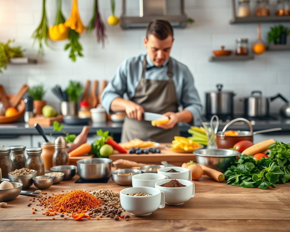 A beautifully arranged kitchen scene showcasing various international cooking techniques. In the foreground, a wooden table with an array of spices, utensils, and measuring cups, highlighting the essence of global cuisine. In the middle ground, a professional chef in modest casual clothing expertly demonstrates techniques like chopping, sautéing, and stirring, with colorful fresh ingredients around. The background reveals a well-organized kitchen, adorned with vibrant herbs hanging and cookware showcasing different cultures. Soft, warm lighting creates an inviting atmosphere, emphasizing the richness of flavors and textures, with a shallow depth of field to keep the focus on the chef’s actions. The overall mood is energetic yet educational, ideal for capturing the excitement of mastering world-class cooking techniques.