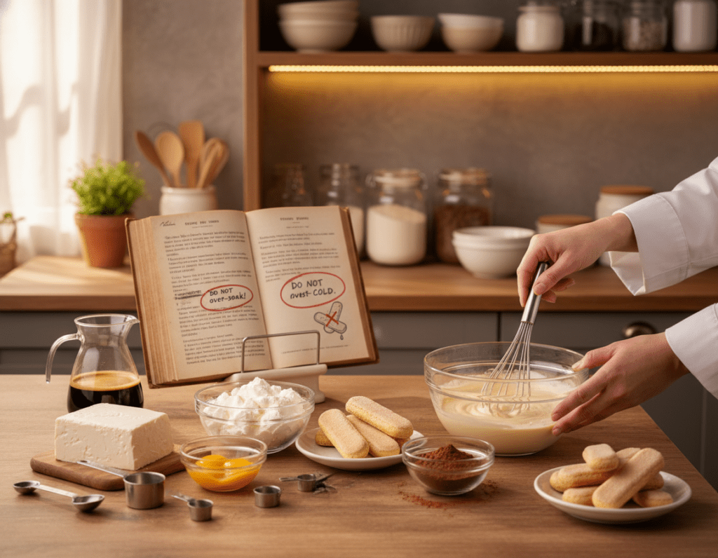 A beautifully arranged kitchen scene showing the preparation of Tiramisu, focusing on avoiding common mistakes. In the foreground, a wooden countertop displays ingredients like mascarpone cheese, ladyfingers, and cocoa powder, meticulously measured and prepared. A hand in professional attire holds a whisk, blending a mixture in a glass bowl, emphasizing careful technique. The middle ground features an open recipe book with notes highlighting common errors, such as over-soaking the ladyfingers. Soft, warm lighting illuminates the space, creating a cozy atmosphere. The background shows a rustic kitchen with shelves filled with baking tools and ingredients, enhancing the culinary ambiance. The overall mood is instructional, inviting viewers to learn and perfect their Tiramisu-making skills.