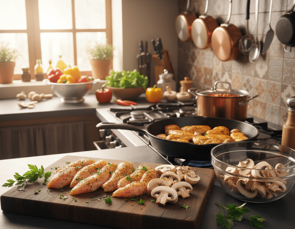A beautifully arranged kitchen setting focusing on the preparation of chicken strips with mushrooms. In the foreground, a wooden cutting board showcases tender chicken strips being seasoned, alongside freshly sliced mushrooms and chopped parsley. In the middle ground, a frying pan sizzles with golden-brown chicken pieces, reflecting a warm, inviting light. The background features a well-organized kitchen with utensils neatly hung, a pot simmering softly, and vibrant vegetables like bell peppers adding color to the scene. Soft, natural lighting streams through a nearby window, creating a cozy and appetizing atmosphere. The image captures the essence of cooking, emphasizing the methodical steps of sautéing chicken. The angle is slightly above eye-level, giving a clear view of the action without distractions.