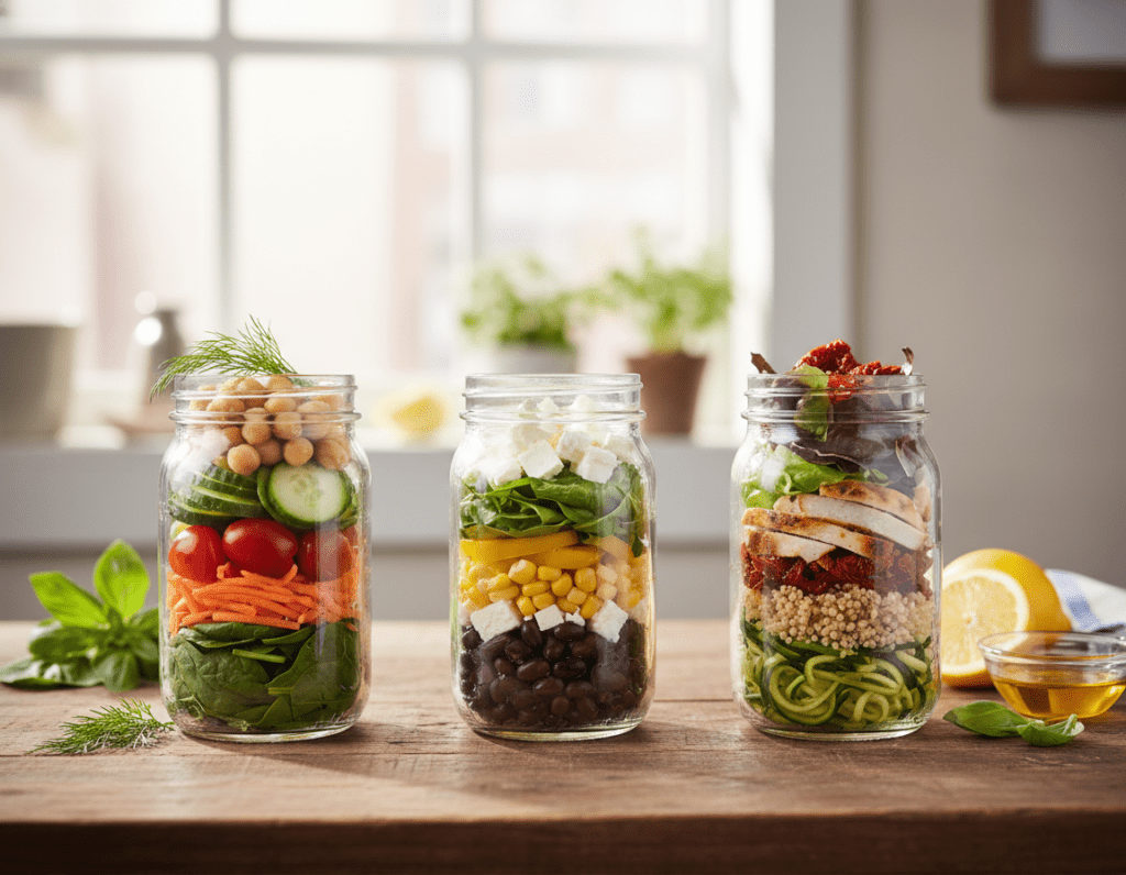 A beautifully arranged meal prep scene featuring layered summer salads in clear glass jars. In the foreground, focus on three jars filled with vibrant ingredients: fresh greens, cherry tomatoes, sliced cucumbers, shredded carrots, and chickpeas, each layer distinct and colorful. The middle ground showcases a rustic wooden table with a few scattered ingredients like herbs and slices of lemon, hinting at a fresh, outdoorsy vibe. In the background, soft, diffused sunlight filters through a window, creating a warm ambiance. Use a shallow depth of field to emphasize the jars in sharp focus while gently blurring the background. The overall mood is bright, fresh, and inviting, perfect for a summer meal prep theme.