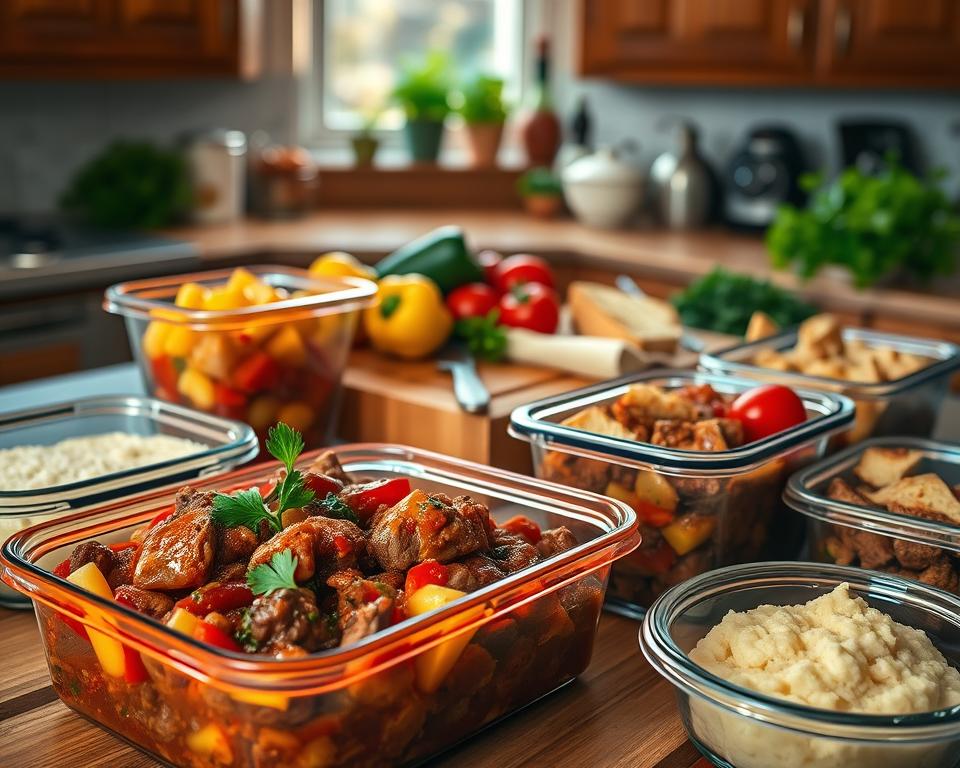 A beautifully arranged meal prep scene showcasing several containers filled with rich, steaming Italian ragout. In the foreground, focus on a vibrant glass container filled with chunky pieces of tender beef, mixed vegetables, and aromatic herbs, garnished with fresh parsley. Nearby, several smaller containers hold complementary sides like creamy polenta and rustic bread slices. In the middle, an elegant wooden cutting board is scattered with fresh ingredients like bell peppers, garlic, and tomatoes, hinting at the cooking process. The background features a softly lit kitchen with warm wooden cabinets and a hint of greenery from potted herbs on the windowsill. The lighting is warm and inviting, enhancing the delicious colors of the meal prep. Overall, the atmosphere conveys a cozy yet organized space, ideal for efficient cooking and meal planning.