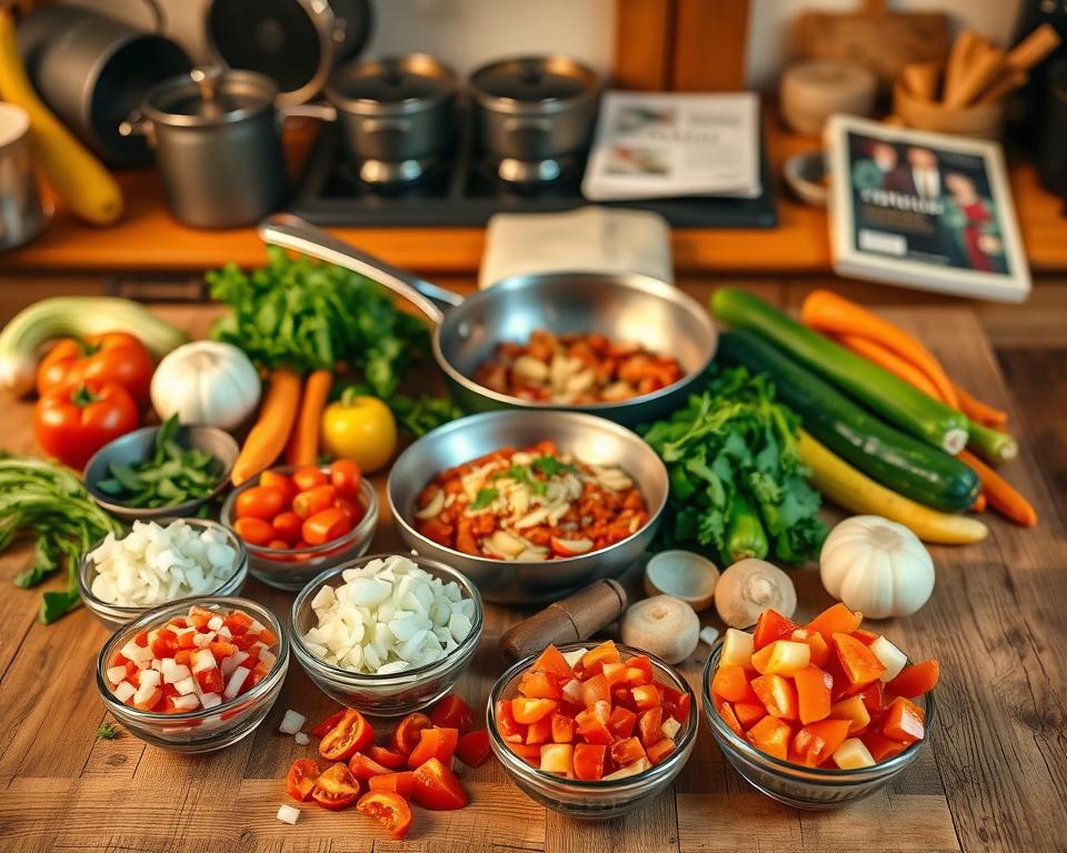 A beautifully arranged mise en place for Italian ragout, featuring an array of fresh ingredients neatly prepared on a rustic wooden kitchen countertop. In the foreground, vibrant diced tomatoes, chopped onions, and colorful bell peppers are tastefully displayed in small bowls. In the middle, a skillet with sizzling garlic and herbs is ready for cooking, while whole vegetables like carrots and zucchini lie in an artful chaos surrounding the scene. The background reveals a softly lit kitchen with warm, inviting tones, showcasing pots, pans, and a traditional Italian cookbook. The lighting is warm and golden, evoking a cozy, homely atmosphere. Capture this intimate cooking moment from a top-down angle, enhancing the sense of preparation and culinary artistry. No people in the image, just a focus on the enchanting ingredients and kitchen setting.