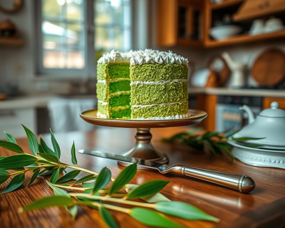 A beautifully arranged pandan cake, showcasing its vibrant green layers, is placed on an elegant wooden table. The cake, topped with delicate coconut frosting, exudes freshness. In the foreground, sprigs of fresh pandan leaves are scattered artfully around the cake, enhancing the green tones. In the middle, a vintage-style cake stand holds the cake, with a polished silver knife resting beside it, hinting at a tasteful tea time setting. The background features a softly blurred kitchen scene, with warm, natural lighting filtering through a window, creating a cozy atmosphere. The overall mood is inviting and celebratory, capturing the essence of tradition and the rich history of pandan cake. Focal length should emphasize the cake while subtly including the surroundings, ensuring a warm and nostalgic feel. A beautifully arranged pandan cake, showcasing its vibrant green layers, is placed on an elegant wooden table. The cake, topped with delicate coconut frosting, exudes freshness. In the foreground, sprigs of fresh pandan leaves are scattered artfully around the cake, enhancing the green tones. In the middle, a vintage-style cake stand holds the cake, with a polished silver knife resting beside it, hinting at a tasteful tea time setting. The background features a softly blurred kitchen scene, with warm, natural lighting filtering through a window, creating a cozy atmosphere. The overall mood is inviting and celebratory, capturing the essence of tradition and the rich history of pandan cake. Focal length should emphasize the cake while subtly including the surroundings, ensuring a warm and nostalgic feel.