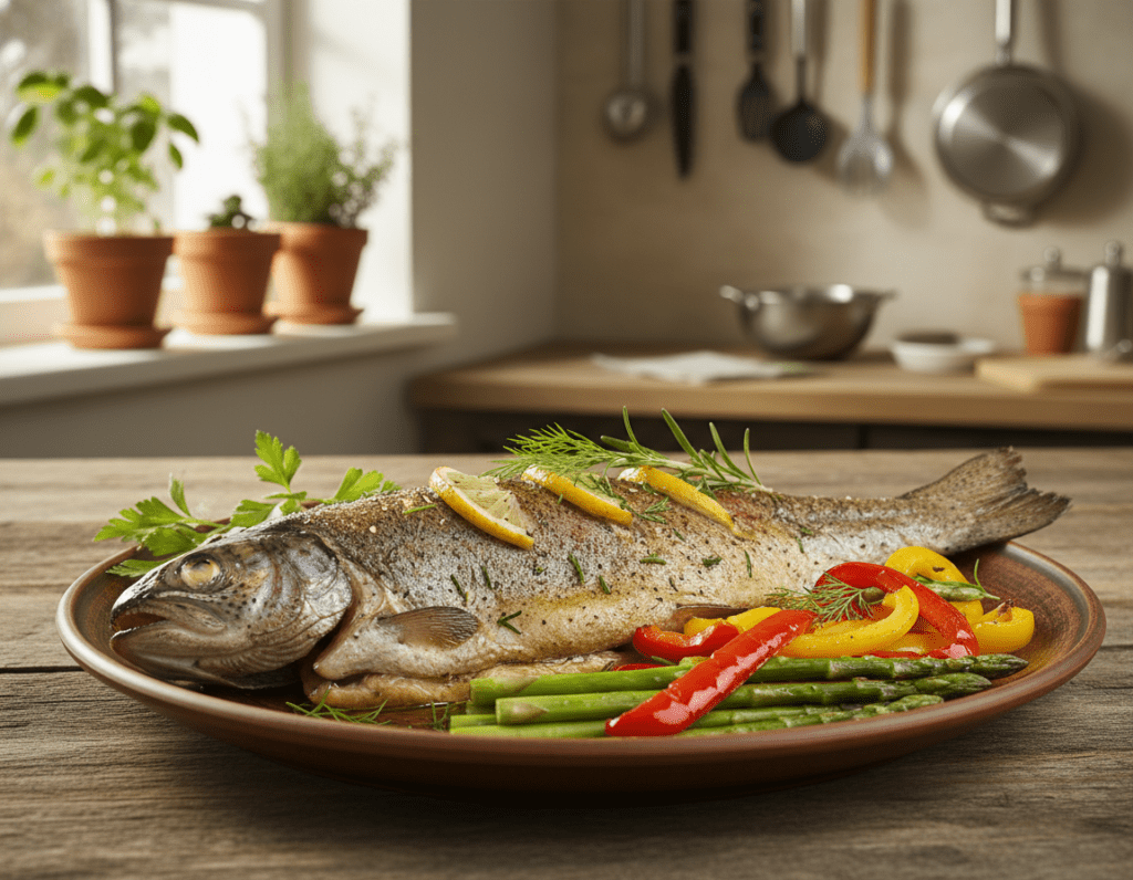 A beautifully arranged plate featuring a perfectly baked trout, garnished with fresh herbs, lemon slices, and colorful vegetables like bell peppers and asparagus, highlighting the health benefits of trout in a balanced diet. In the foreground, the dish takes center stage on a rustic wooden table, illuminated by soft, natural light that enhances the vibrant colors of the food. In the background, a cozy kitchen setting is visible, with herbs in pots and cooking utensils, evoking a warm, inviting atmosphere. The image should capture the essence of healthy eating, focusing on the nutritious elements of trout, conveying a sense of wellness and culinary delight. Use a shallow depth of field to softly blur the background while keeping the trout dish in sharp focus, emphasizing its appeal. A beautifully arranged plate featuring a perfectly baked trout, garnished with fresh herbs, lemon slices, and colorful vegetables like bell peppers and asparagus, highlighting the health benefits of trout in a balanced diet. In the foreground, the dish takes center stage on a rustic wooden table, illuminated by soft, natural light that enhances the vibrant colors of the food. In the background, a cozy kitchen setting is visible, with herbs in pots and cooking utensils, evoking a warm, inviting atmosphere. The image should capture the essence of healthy eating, focusing on the nutritious elements of trout, conveying a sense of wellness and culinary delight. Use a shallow depth of field to softly blur the background while keeping the trout dish in sharp focus, emphasizing its appeal.