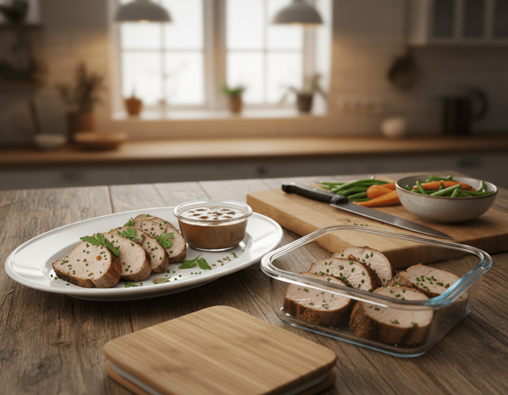 A beautifully arranged plate featuring leftover Schweinefilet, garnished with fresh herbs, displayed alongside a portion of rich, savory sauce. In the foreground, a stylish glass container with a secure lid holds additional pieces of pork tenderloin, showcasing thoughtful food storage. The middle ground includes a vibrant, rustic wooden table adorned with a cutting board, knife, and a bowl of vegetables complementing the dish. The background is softly blurred, hinting at a cozy kitchen environment with warm, ambient lighting. Capture the scene with a slightly elevated angle, using a shallow depth of field to emphasize the delicious leftovers, evoking a sense of comfort and home cooking. The atmosphere is warm and inviting, perfect for a domestic culinary setting. A beautifully arranged plate featuring leftover Schweinefilet, garnished with fresh herbs, displayed alongside a portion of rich, savory sauce. In the foreground, a stylish glass container with a secure lid holds additional pieces of pork tenderloin, showcasing thoughtful food storage. The middle ground includes a vibrant, rustic wooden table adorned with a cutting board, knife, and a bowl of vegetables complementing the dish. The background is softly blurred, hinting at a cozy kitchen environment with warm, ambient lighting. Capture the scene with a slightly elevated angle, using a shallow depth of field to emphasize the delicious leftovers, evoking a sense of comfort and home cooking. The atmosphere is warm and inviting, perfect for a domestic culinary setting.