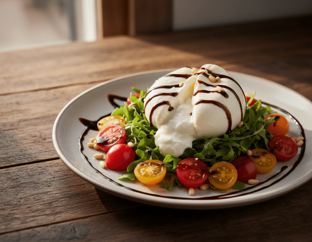 A beautifully arranged plate of Burrata salad garnished with fresh arugula, drizzled with a rich balsamic reduction. The burrata is whole, semi-translucent, with a creamy center, placed on a bed of vibrant green arugula leaves. Surrounding the salad are sliced cherry tomatoes in various colors, adding a pop of freshness, and scattered pine nuts for a crunchy texture. The background features a softly blurred rustic wooden table, enhancing the earthy tones of the ingredients. Sunlight streams in from the left, creating gentle shadows and highlighting the creamy texture of the burrata. The overall mood is elegant and inviting, suitable for a sophisticated dining experience.