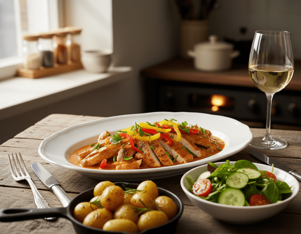 A beautifully arranged plate of "Geschnetzeltes Variationen," showcasing tender pieces of chicken in a creamy paprika sauce, garnished with fresh herbs and colorful bell peppers. In the foreground, vibrant side dishes like roasted potatoes and a crisp green salad complement the main dish, creating a harmonious spread. The middle ground features a rustic wooden table set with elegant dining utensils and a glass of white wine, adding a touch of sophistication. Bright, natural lighting filters in from a nearby window, casting gentle shadows and enhancing the warm tones of the food. The mood is inviting and cozy, perfect for a lively dinner setting. The background includes softly blurred kitchen elements, hinting at a homey atmosphere, without any distractions or text.