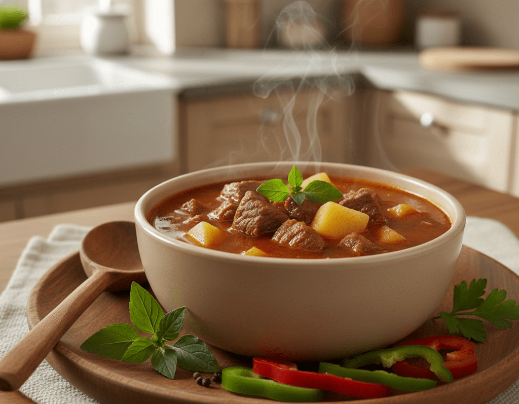A beautifully arranged plate of Gulaschsuppe with visible chunks of tender meat and diced potatoes, richly colored with deep reds and browns. Steam rises gently from the soup, suggesting warmth and comfort. In the foreground, a wooden spoon rests beside the bowl, hinting at the dish's homemade essence. The middle ground features a few fresh ingredients like bell peppers and herbs, creating a vibrant context. In the background, a well-lit kitchen setting with wooden cabinets and soft natural light streams in through a window, enhancing the inviting atmosphere. Focused on the soup, with a shallow depth of field to emphasize texture and detail, such as the broth's glisten. The scene conveys warmth and a sense of healthfulness, ideal for discussing nutritional aspects. A beautifully arranged plate of Gulaschsuppe with visible chunks of tender meat and diced potatoes, richly colored with deep reds and browns. Steam rises gently from the soup, suggesting warmth and comfort. In the foreground, a wooden spoon rests beside the bowl, hinting at the dish's homemade essence. The middle ground features a few fresh ingredients like bell peppers and herbs, creating a vibrant context. In the background, a well-lit kitchen setting with wooden cabinets and soft natural light streams in through a window, enhancing the inviting atmosphere. Focused on the soup, with a shallow depth of field to emphasize texture and detail, such as the broth's glisten. The scene conveys warmth and a sense of healthfulness, ideal for discussing nutritional aspects.