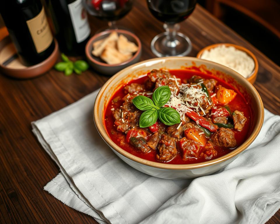 A beautifully arranged plate of Italian ragout, steaming and hearty, garnished with fresh basil leaves and a sprinkle of grated Parmesan cheese. In the foreground, show a rustic wooden table with a fine linen napkin beside the dish. The ragout is served in an elegant, deep ceramic bowl, showcasing its rich, deep red sauce, tender chunks of meat, and vibrant vegetables. In the middle background, include a glass of Chianti wine and a small bowl of crusty Italian bread, invitingly placed. The setting is warmly lit by soft, ambient light, creating an inviting atmosphere reminiscent of a cozy Italian trattoria. Capture the scene from a slight overhead angle to include both the ragout and the accompanying elements artfully.