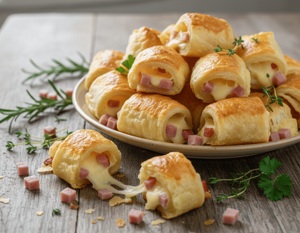 A beautifully arranged plate of Käse-Schinken-Röllchen made from flaky puff pastry, showcasing golden, crispy rolls filled with melted cheese and savory ham. In the foreground, focus on a cluster of these appetizing rolls, some with a bite taken out to reveal the gooey, cheesy interior. In the background, a rustic wooden table adds warmth, with sprigs of fresh herbs scattered around for garnish. Soft, natural lighting highlights the textures of the pastry and the rich colors of the filling, creating a cozy and inviting atmosphere. The camera angle is slightly above eye level, providing a clear view of the delicious details without distractions.
