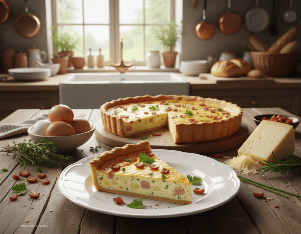 A beautifully arranged plate of Quiche Lorraine, showcasing a slice with a golden, flaky crust and a rich, creamy filling of eggs, cheese, and crispy bacon. The foreground presents the quiche slice on an elegant white plate, garnished with fresh herbs. In the middle, a whole quiche sits on a rustic wooden table, surrounded by fresh ingredients like eggs, cheese, and herbs, emphasizing its nourishing qualities. In the background, a warm, inviting kitchen setting, softly lit with natural light filtering through a window, creates an atmosphere of home-cooked comfort. The overall mood is warm and inviting, perfect for showcasing nutritional information, conveying a sense of delicious indulgence with a healthy twist. The angle is a slightly elevated top-down view to encompass all elements harmoniously.