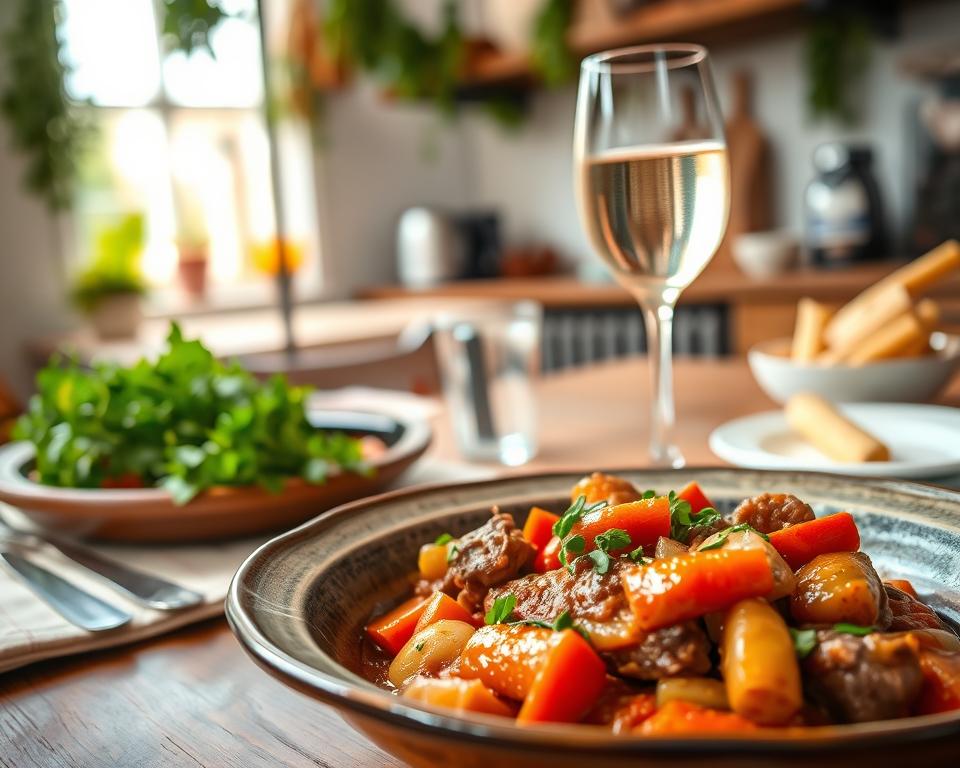 A beautifully arranged plate of "Ragout ohne Wein," showcasing tender pieces of meat and fresh vegetables like carrots, bell peppers, and aromatic herbs. The foreground features the dish in an elegant, rustic bowl, garnished with chopped parsley and served on a wooden table. In the middle ground, there are utensils and a glass of sparkling water, reflecting the absence of wine, creating an inviting dining atmosphere. The background displays a softly blurred kitchen setting, with herbs hanging and warm light filtering through a window, giving a cozy, homely feel. Capture this scene with warm, natural lighting to enhance the colors and textures of the ragout, using a close-up angle to evoke intimacy and warmth in the dining experience. The overall mood should be inviting and appetizing, showcasing the versatility and comfort of this traditional Italian dish.