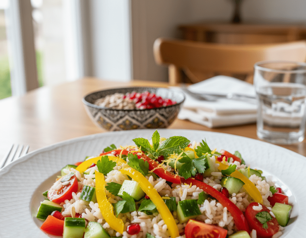 A beautifully arranged plate of Reissalat, showcasing vibrant colors and fresh ingredients. In the foreground, the salad features fluffy rice mixed with diced cucumbers, bright red tomatoes, crisp bell peppers, and finely chopped herbs, all glistening with a drizzle of olive oil and a sprinkle of lemon zest. The middle ground includes a decorative serving bowl with a scattering of pomegranate seeds and sunflower seeds for texture. The background is softly blurred, suggesting a cozy, well-lit dining setting with warm wooden tones and gentle natural light streaming in through a nearby window, creating a welcoming atmosphere. The overall mood is inviting and fresh, highlighting the dish's versatility for any occasion without any text or distractions.