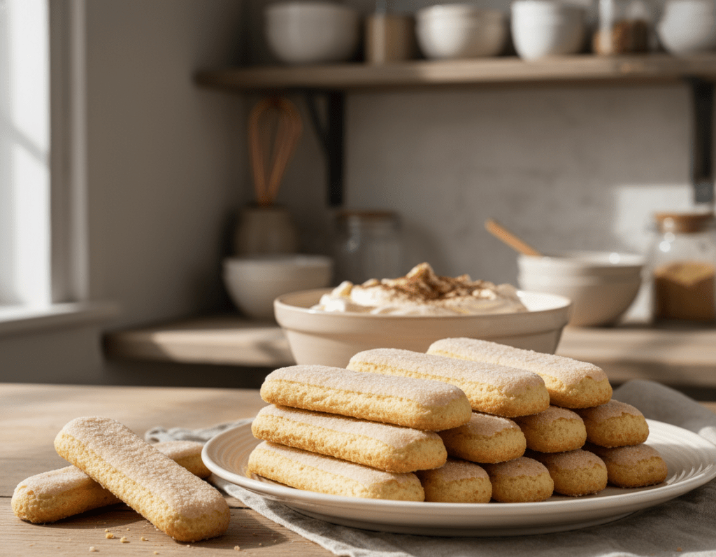 A beautifully arranged plate of Savoiardi Löffelbiskuits, styled for a Tiramisu preparation. In the foreground, golden-brown ladyfingers are neatly stacked, showcasing their texture and delicate curves. In the middle ground, a rich bowl of mascarpone cream is partially visible, hinting at its creamy smoothness, with a dusting of cocoa powder atop it. In the background, a soft-focus kitchen setting with rustic wooden shelves and softly glowing light, creating a warm and inviting atmosphere. Natural sunlight filters through a nearby window, casting gentle shadows. The composition emphasizes an elegant simplicity, evoking the authenticity and indulgence of Italian dessert-making. Creamy tones dominate, enhancing the overall inviting feel of the scene.