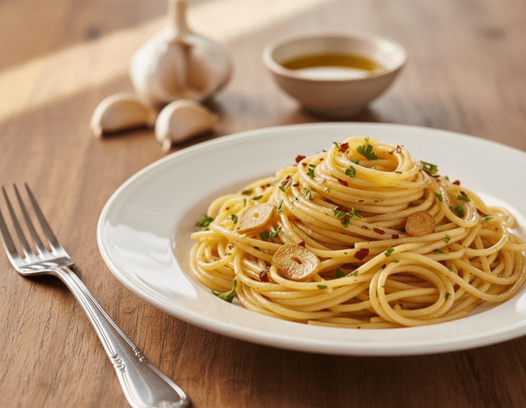 A beautifully arranged plate of Spaghetti Aglio e Olio, featuring perfectly cooked spaghetti intertwined with golden garlic slices and glistening olive oil. Sprinkle of vibrant red chili flakes and fresh green parsley adds color and contrast. In the foreground, accentuate the dish with a stylish fork positioned to the side, emphasizing the texture of the pasta. The middle background shows an elegant wooden table with subtle hints of complementary ingredients like fresh garlic cloves and a small bowl of olive oil. Soft, natural lighting creates a warm and inviting atmosphere, highlighting the glossy sheen of the oil and the freshness of the herbs. Capture this from a slightly elevated angle to showcase the pasta's enticing presentation. The mood is cozy and intimate, perfect for a home-cooked meal. The image is without any text or distractions.