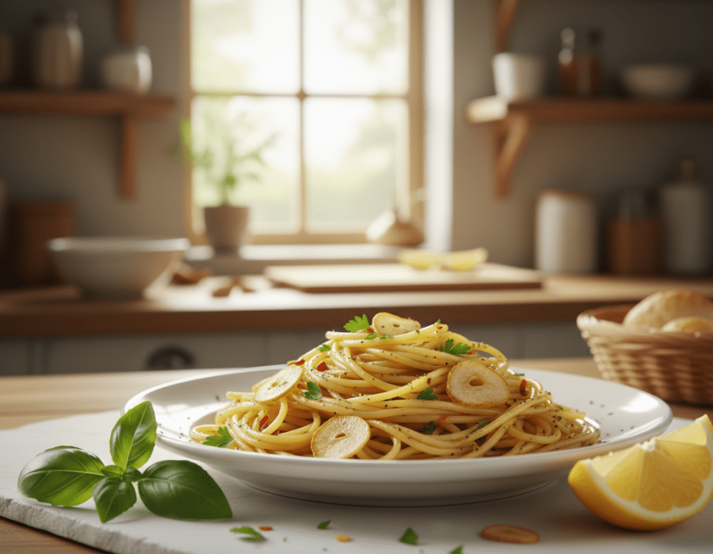 A beautifully arranged plate of Spaghetti Aglio e Olio, showcasing the glossy, golden noodles infused with fragrant garlic and vibrant green parsley. The foreground features a close-up of the dish, highlighting its texture and glistening olive oil, with fresh chili flakes scattered lightly for added color. In the middle, a sprig of basil and a wedge of lemon add visual interest, enhancing the dish's appeal. The background reveals a softly blurred rustic kitchen setting, with warm wooden tones and gentle, natural lighting that creates a cozy, inviting atmosphere. The image captures the essence of a healthy and delicious meal, reflecting the nutritional benefits of the ingredients, encouraging a sense of wholesome enjoyment.