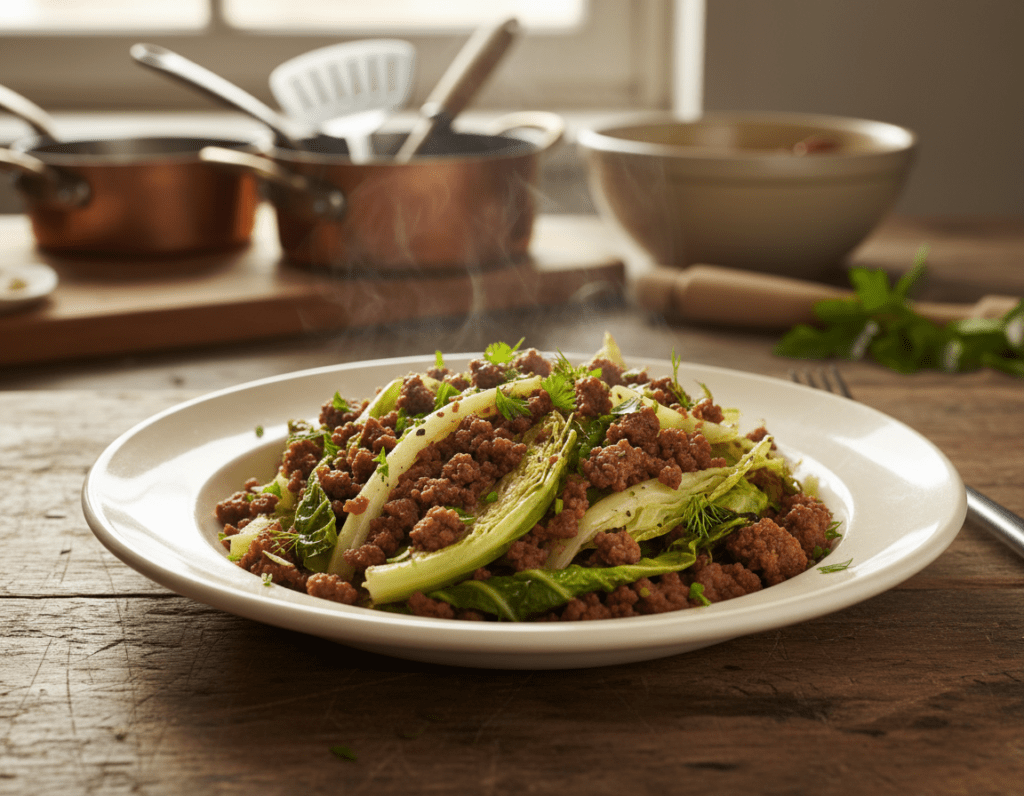 A beautifully arranged plate of Spitzkohl (pointed cabbage) mixed with savory Hackfleisch (ground meat), showcasing the dish's vibrant colors and textures. In the foreground, the tender, leafy green cabbage wraps around the well-seasoned meat, garnished with fresh herbs for added color. The middle ground features a rustic wooden table, enhancing the home-cooked feel of the meal. A soft, warm light bathes the scene, creating an inviting atmosphere. In the background, blurred kitchen elements, like pots and utensils, suggest a cozy cooking space, enhancing the idea of comfort food. The overall mood is warm and inviting, perfect for family gatherings. The angle is slightly overhead to capture the dish's full presentation, emphasizing its appeal.