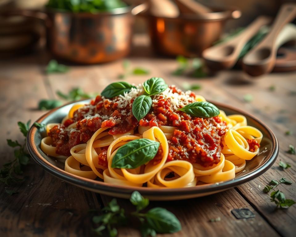 A beautifully arranged plate of Tagliatelle pasta topped with rich, rustic Italian Ragout sauce, garnished with fresh basil and grated Parmesan cheese. In the foreground, the vibrant colors of the pasta contrast with the deep, savory tones of the Ragout, creating an appetizing allure. Surrounding the plate, a wooden table set with a gentle patina and a scattering of fresh herbs enhances the authentic Italian ambiance. The soft, warm lighting bathes the scene, casting delicate shadows that highlight the textures of the pasta and sauce. In the background, blurred images of traditional Italian kitchen elements, such as a copper pot and wooden spoon, add depth, establishing a cozy culinary atmosphere. The overall mood is inviting and flavorful, perfect for showcasing classic Italian cuisine.