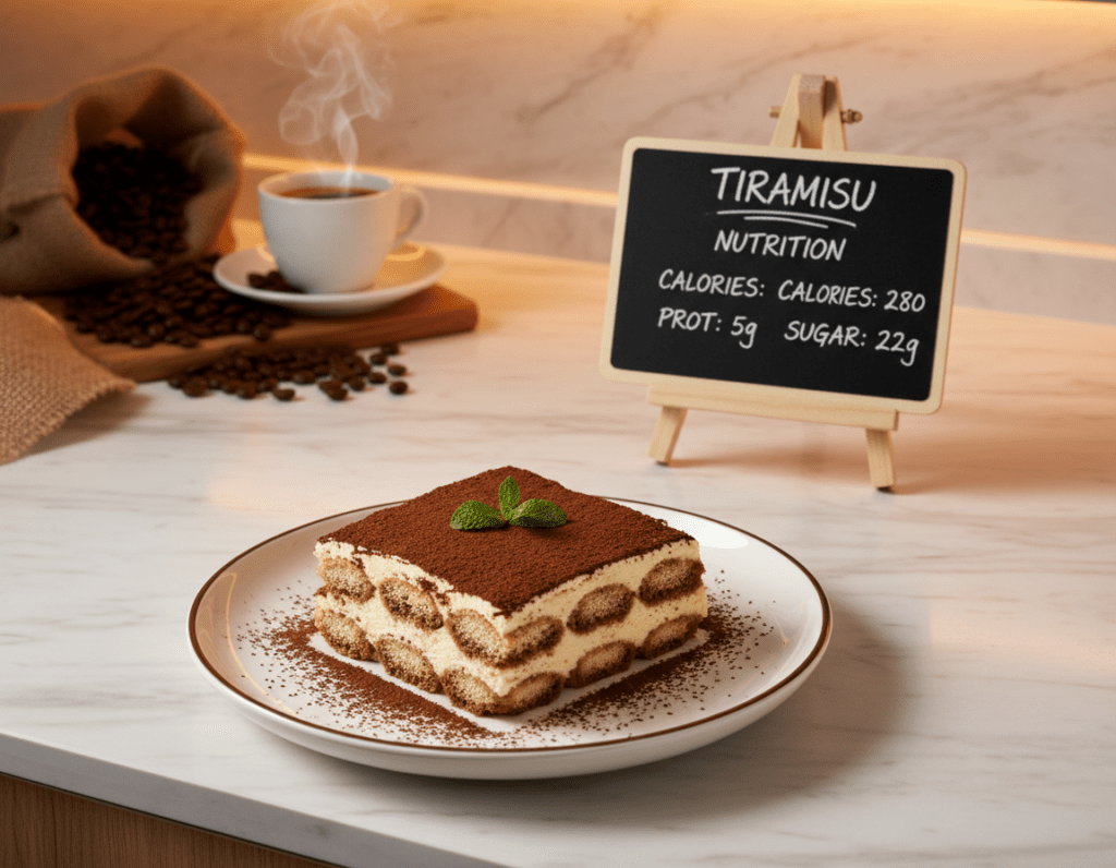 A beautifully arranged plate of Tiramisu sits prominently in the foreground, showcasing its layers of exquisite mascarpone, coffee-soaked ladyfingers, and a dusting of cocoa powder. The middle ground features a sleek, modern kitchen setting with soft, warm lighting that highlights the dessert’s creamy textures and rich colors. A small chalkboard elegantly displays nutritional information, such as calories, protein, and sugar content, written in an artistic font. In the background, an inviting atmosphere is created with hints of coffee beans and a steaming cup of espresso to complement the Tiramisu. The angle is slightly above the table, creating an inviting, overhead perspective. The mood is cozy and sophisticated, ideal for a culinary article focused on traditional recipes.