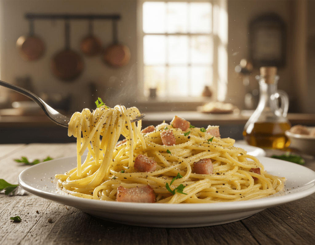 A beautifully arranged plate of authentic Spaghetti Carbonara, garnished with freshly cracked black pepper and a sprinkle of parsley, sitting on a rustic wooden table. The forefront features a fork elegantly twirled around the pasta, showcasing the creamy sauce glistening under soft, natural light. In the middle, a close-up of the dish displays the crispy pancetta and a dusting of Parmesan cheese, emphasizing texture and color contrast. The background includes a blurred kitchen setting with warm, inviting light streaming through a window, creating a cozy atmosphere. The overall mood is one of homely comfort and culinary delight, perfect for an article about traditional Italian cuisine.