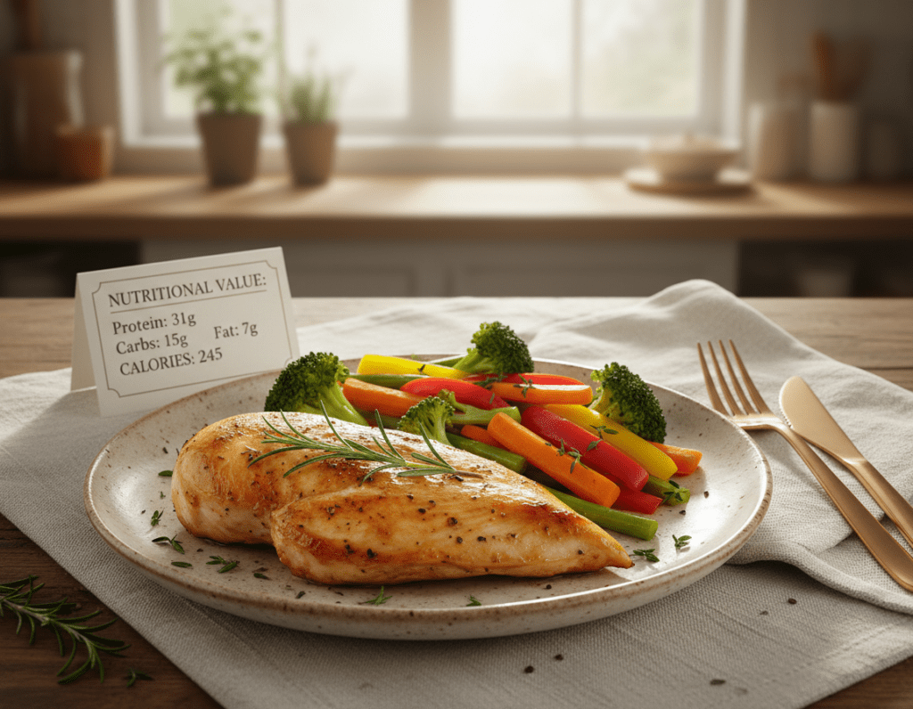 A beautifully arranged plate of baked chicken breast, highlighting its nutritional values and calorie content. In the foreground, the chicken is golden-brown, garnished with fresh herbs like rosemary and thyme, accompanied by a side of colorful steamed vegetables such as broccoli, carrots, and bell peppers. The middle ground features an elegant, minimalistic plate setting with wooden utensils and a light fabric napkin. The background includes a soft-focus kitchen setting with natural light streaming in from a window, creating a warm and inviting atmosphere. The image is captured from a top-down angle, emphasizing the vibrant colors of the food, and the mood is wholesome and healthy, perfect for a nutrition-focused section.