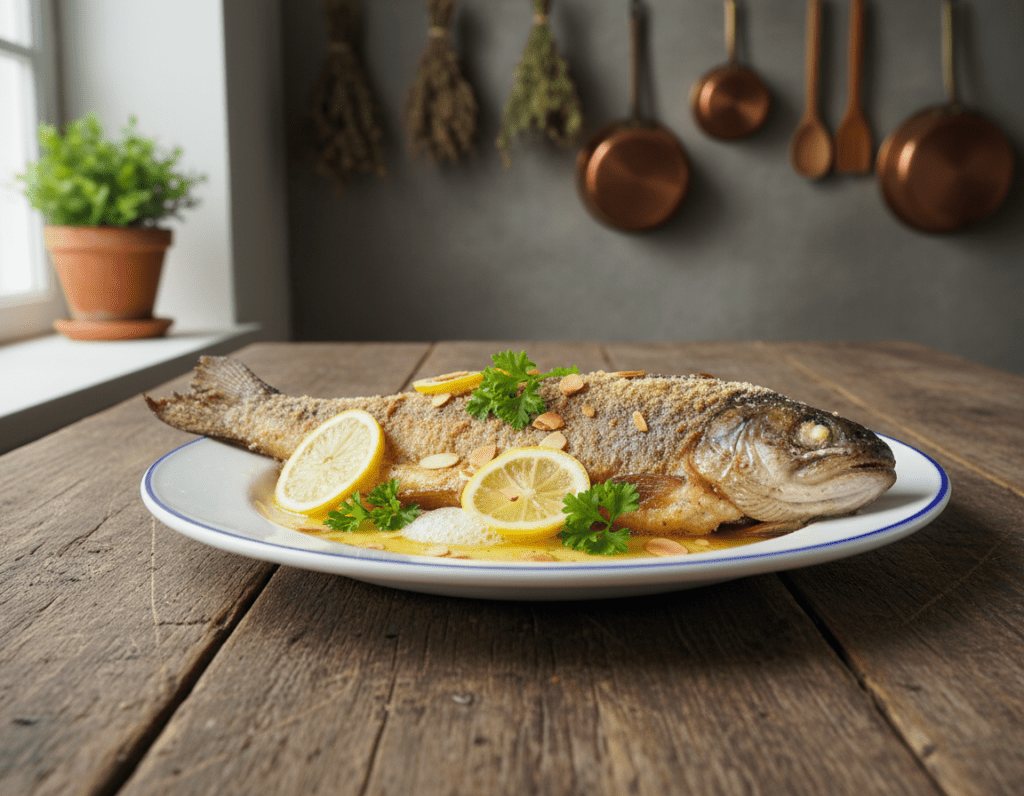 A beautifully arranged plate of baked trout prepared in the German style, "Forelle Müllerin Art", is the main focus. In the foreground, the trout is garnished with fresh parsley, lemon slices, and slivers of almonds, showcasing its crispy, golden crust. The plate is set on a rustic wooden table, illuminated by soft, natural light that enhances the textures of the fish and garnishes. In the middle background, a cozy kitchen setting with a hint of herbs and cooking utensils subtly reflects the culinary process. The atmosphere is warm and inviting, evoking a sense of home cooking. The camera angle is a slightly elevated side view, allowing the viewer to appreciate the dish's details while capturing a sense of intimacy in the cooking experience. A beautifully arranged plate of baked trout prepared in the German style, "Forelle Müllerin Art", is the main focus. In the foreground, the trout is garnished with fresh parsley, lemon slices, and slivers of almonds, showcasing its crispy, golden crust. The plate is set on a rustic wooden table, illuminated by soft, natural light that enhances the textures of the fish and garnishes. In the middle background, a cozy kitchen setting with a hint of herbs and cooking utensils subtly reflects the culinary process. The atmosphere is warm and inviting, evoking a sense of home cooking. The camera angle is a slightly elevated side view, allowing the viewer to appreciate the dish's details while capturing a sense of intimacy in the cooking experience.