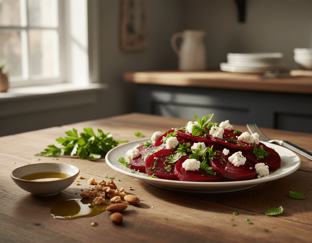 A beautifully arranged plate of beetroot salad with feta cheese features vibrant red and deep purple beet slices mixed with crumbled white feta, garnished with fresh herbs like parsley and mint. In the foreground, the salad is centered on a rustic wooden table, showcasing its colorful textures. In the middle ground, there's a small bowl of olive oil and a sprinkle of nuts alongside, hinting at common preparation errors. The background consists of a softly blurred kitchen setting, with natural light streaming through a window, creating a warm, inviting atmosphere. The composition is shot from a slightly elevated angle, focusing on the details of the salad while maintaining a clean and tidy presentation that emphasizes the importance of careful preparation.