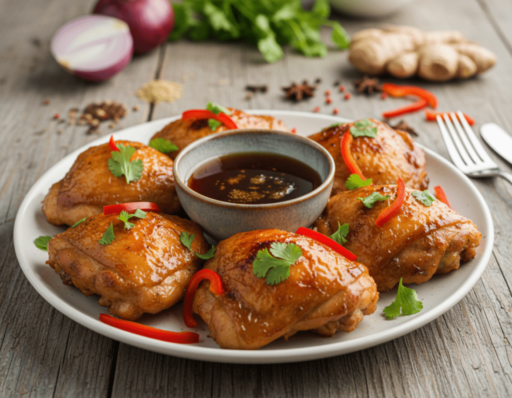 A beautifully arranged plate of chicken thighs marinated in a sweet and sour sauce, glistening under soft, natural light. In the foreground, the chicken thighs are vibrant with a rich golden-brown color, garnished with fresh herbs and thin slices of red bell pepper, creating a striking contrast. In the middle, a small bowl of the glossy sweet-sour marinade, made with a blend of honey, soy sauce, and vinegar, complements the dish. The background features a rustic wooden table setting, with blurred images of vegetables and spices, adding depth to the scene. The mood is warm and inviting, evoking a sense of comfort and culinary delight. The image captures the essence of a flavorful culinary experience, perfect for illustrating innovative marinade techniques.