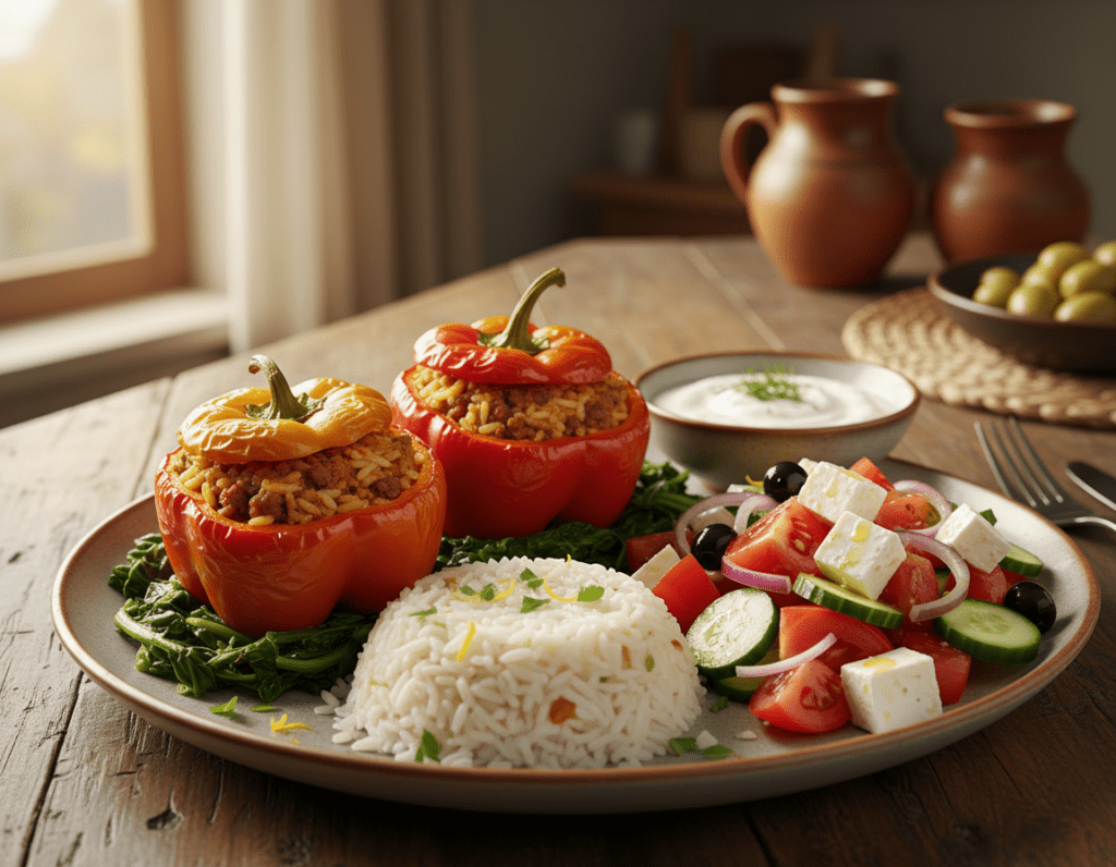 A beautifully arranged plate of colorful side dishes complementing stuffed bell peppers. In the foreground, highlight a serving of fluffy rice tossed with herbs and lemon zest, garnished with fresh parsley. Beside it, a vibrant Greek salad with ripe tomatoes, cucumbers, and feta cheese adds a splash of color. In the middle ground, incorporate a bowl of creamy yogurt sauce for dipping, with a hint of dill sprinkled on top. The background should softly showcase a rustic wooden table, bathed in warm, natural light to create a cozy atmosphere. Use a shallow depth of field to emphasize the dishes while gently blurring the background, inviting viewers into an appetizing culinary scene. Focus on creating a harmonious, inviting vibe that showcases the delicious pairings with stuffed bell peppers.