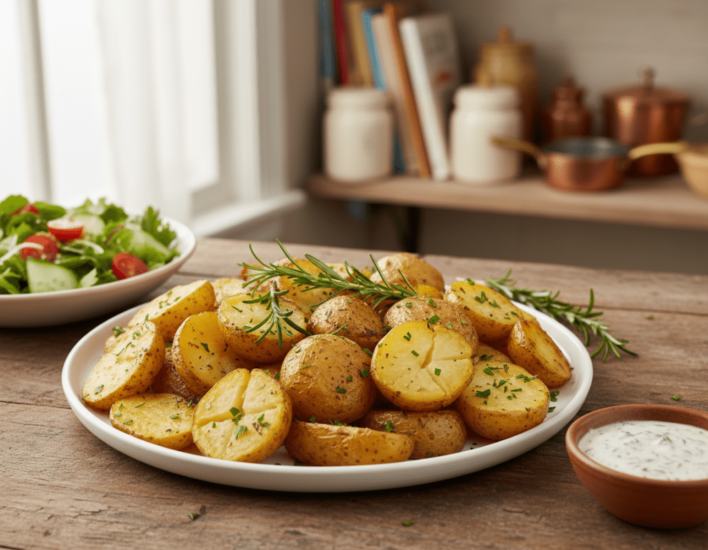 A beautifully arranged plate of crispy baked potatoes, garnished with fresh herbs like rosemary and parsley, showcasing their golden-brown skin and fluffy interior. The plate is set on a rustic wooden table, with a blurred background of a cozy kitchen filled with soft, warm light coming from a nearby window. A few additional sides, such as a vibrant green salad and a small bowl of homemade dipping sauce, frame the dish. The image captures the inviting and wholesome atmosphere of a home-cooked meal, emphasizing the baked potatoes as a healthy and delicious accompaniment. Use a slightly overhead angle to convey depth, enhancing the visual appeal and texture of the ingredients. No people are visible in the image. A beautifully arranged plate of crispy baked potatoes, garnished with fresh herbs like rosemary and parsley, showcasing their golden-brown skin and fluffy interior. The plate is set on a rustic wooden table, with a blurred background of a cozy kitchen filled with soft, warm light coming from a nearby window. A few additional sides, such as a vibrant green salad and a small bowl of homemade dipping sauce, frame the dish. The image captures the inviting and wholesome atmosphere of a home-cooked meal, emphasizing the baked potatoes as a healthy and delicious accompaniment. Use a slightly overhead angle to convey depth, enhancing the visual appeal and texture of the ingredients. No people are visible in the image.