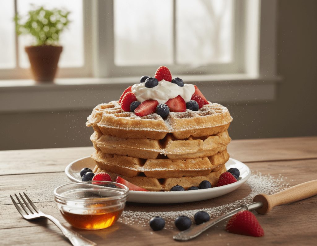 A beautifully arranged plate of fluffy waffles, stacked high, dusted with powdered sugar, and served with fresh berries and a dollop of whipped cream on top. The waffles should appear golden brown and perfectly cooked, showcasing their texture. In the foreground, a wooden table with a cozy kitchen setting, including kitchen utensils and a small bowl of maple syrup nearby. Soft, natural daylight filters through a window in the background, casting gentle shadows and creating a warm atmosphere. The scene should evoke a feeling of warmth and comfort, perfect for beginners eager to make their first batch of waffles. The angle should be slightly above the plate, focusing on the textures and colors of the dish.