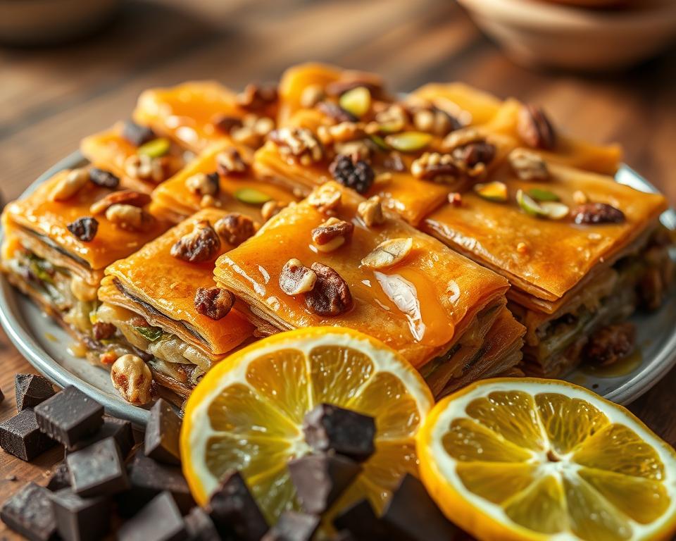 A beautifully arranged plate of freshly made baklava, showcasing a variety of nuts like walnuts, pistachios, and almonds, layered with golden, flaky pastry. The baklava pieces are generously drizzled with warm honey syrup, glistening in the soft, natural light that highlights their textures. In the foreground, delicate citrus slices and dark chocolate chunks are placed artfully around the baklava, adding a colorful contrast. The background features a blurred wooden table, enhancing the rustic feel of the scene. The overall atmosphere is warm and inviting, evoking a cozy kitchen where delicious desserts are crafted and enjoyed. Capture this scene from a slightly elevated angle, focusing on the intricate details and vibrant colors. No text or logos present.