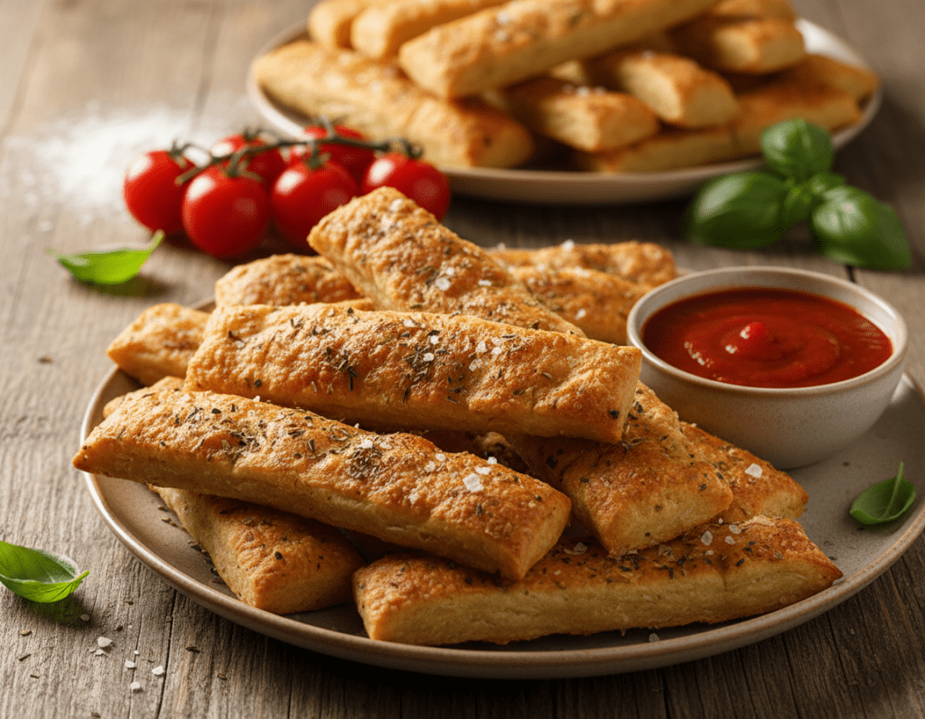 A beautifully arranged plate of gluten-free pizzasticks, showcasing their golden-brown crust with a crispy texture. In the foreground, a close-up of several pizzasticks, dusted with oregano and a light sprinkle of sea salt, alongside a small bowl of marinara sauce for dipping. In the middle background, a rustic wooden table adorned with fresh herbs like basil and a few cherry tomatoes, adding vibrant colors. The lighting is warm and inviting, reminiscent of a cozy kitchen, with soft shadows enhancing the details of the pizzasticks. The overall mood is cheerful and homey, illustrating the joy of making gluten-free recipes at home. The angle is slightly tilted to capture the depth and arrangement of the dish appealingly.
