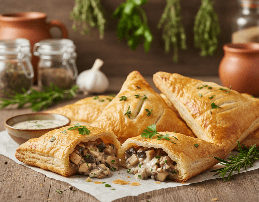 A beautifully arranged plate of golden-brown, flaky puff pastry triangles filled with a savory mixture of mushrooms and fresh herbs. The pastries are crisp and slightly glossy, catching the soft, warm light from above. In the foreground, one triangle is cut open to showcase the rich, creamy mushroom filling inside, garnished with a sprinkle of finely chopped parsley. The middle ground includes a rustic wooden table setting, with a small bowl of dipping sauce and a sprig of rosemary. In the background, a blurred kitchen scene with a hint of herbs and spices visible, creating an inviting, home-cooked atmosphere. The entire image radiates warmth and comfort, inviting the viewer to indulge in this delicious finger food.