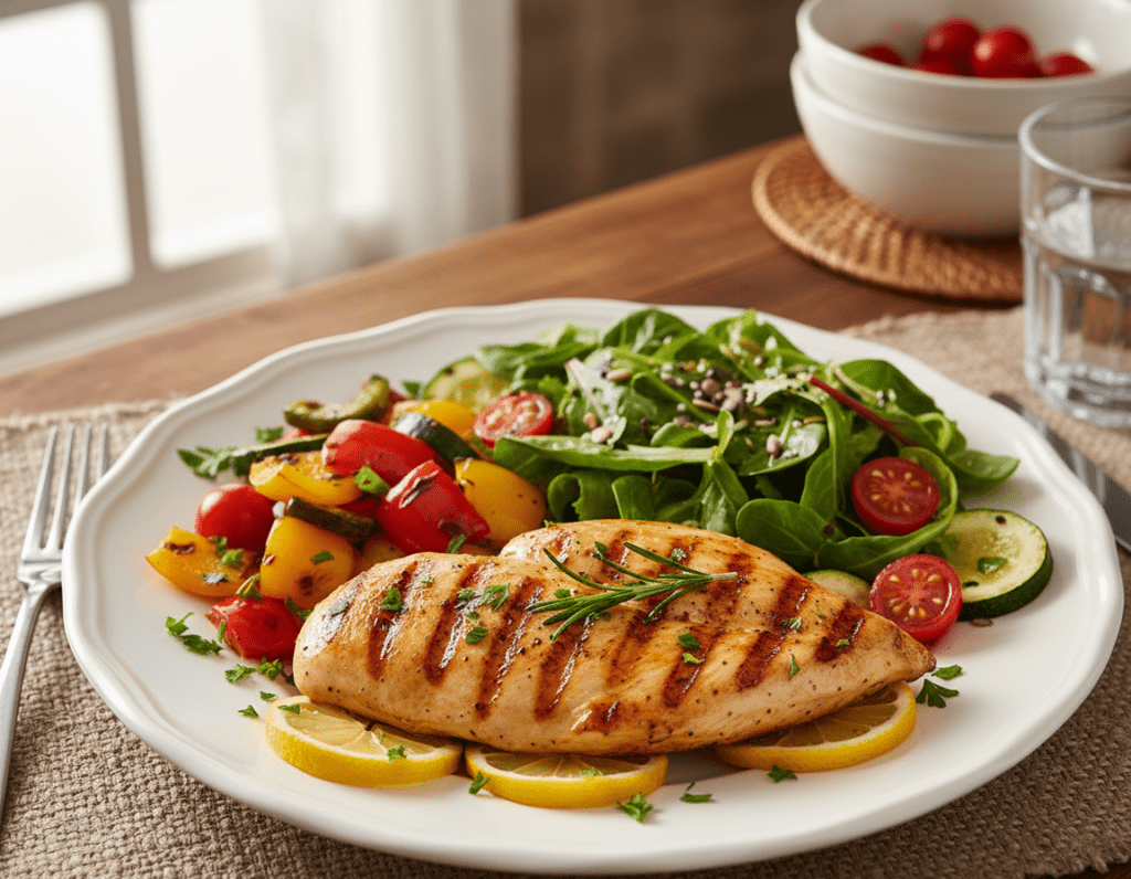 A beautifully arranged plate of healthy grilled chicken breast, garnished with fresh herbs, lemon slices, and colorful mixed vegetables like bell peppers and zucchini. The foreground captures the juicy, golden-brown chicken breast, glistening with a light drizzle of olive oil. In the middle ground, a vibrant salad with leafy greens, cherry tomatoes, and a sprinkle of seeds adds freshness. The background features a cozy kitchen setting with soft, natural lighting coming from a window, highlighting the textures of the food. The atmosphere is warm and inviting, emphasizing a nutritious and simple meal. The scene is captured from a top-down angle, focusing on the plate while allowing hints of rustic kitchen elements to frame the image. A beautifully arranged plate of healthy grilled chicken breast, garnished with fresh herbs, lemon slices, and colorful mixed vegetables like bell peppers and zucchini. The foreground captures the juicy, golden-brown chicken breast, glistening with a light drizzle of olive oil. In the middle ground, a vibrant salad with leafy greens, cherry tomatoes, and a sprinkle of seeds adds freshness. The background features a cozy kitchen setting with soft, natural lighting coming from a window, highlighting the textures of the food. The atmosphere is warm and inviting, emphasizing a nutritious and simple meal. The scene is captured from a top-down angle, focusing on the plate while allowing hints of rustic kitchen elements to frame the image.