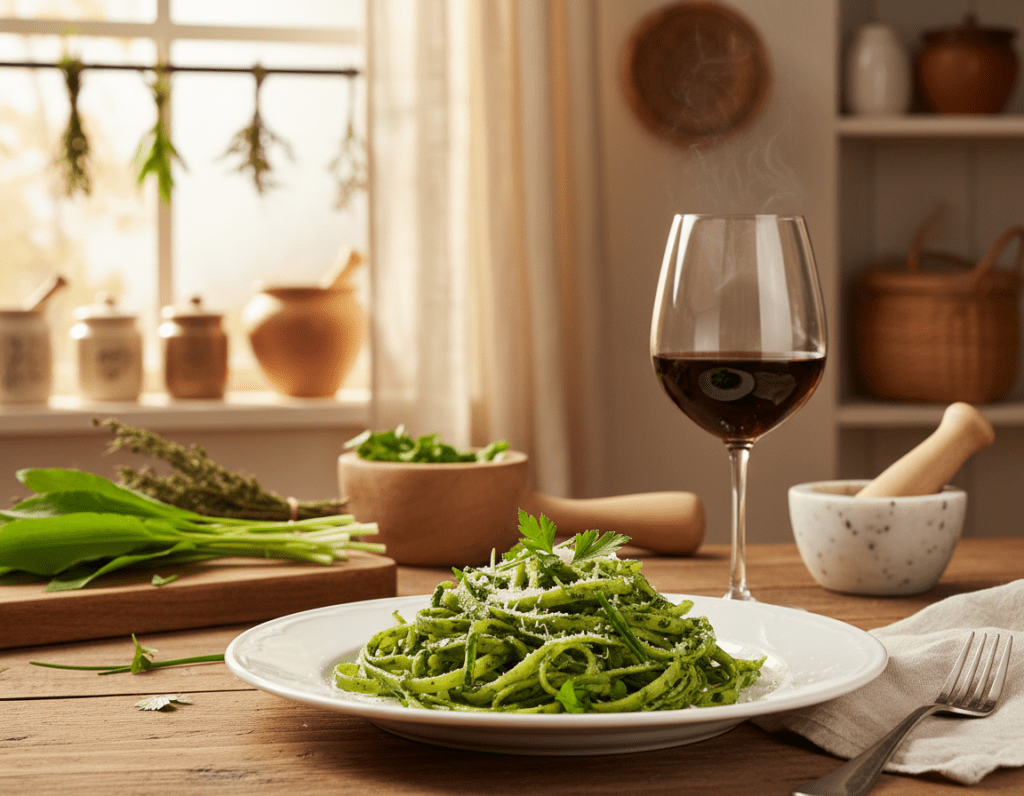 A beautifully arranged plate of homemade wild garlic pasta, vibrant green and freshly cooked, occupies the foreground, garnished with a sprinkle of parmesan cheese and a few sprigs of fresh herbs. To one side, a glass of deep red wine captures the light, showcasing its rich hue and swirling aromas. The middle layer features soft, blurred kitchen elements like wooden utensils and herbs, evoking a cozy cooking atmosphere. In the background, warm natural light filters through a window, casting a gentle glow over rustic kitchen decor, enhancing the inviting mood. The scene is captured from a slightly elevated angle, creating depth while highlighting the elegance of the food pairing, perfect for a culinary article on wine and wild garlic pasta.