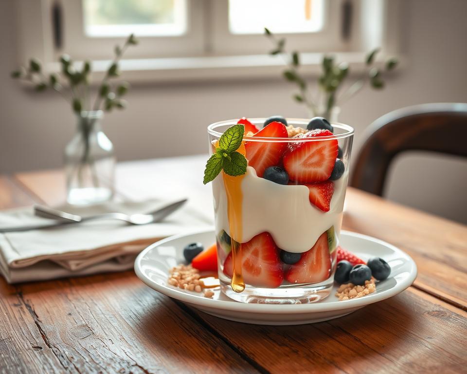 A beautifully arranged plate of light Greek dessert, showcasing a refreshing yogurt parfait layered with honey, fresh seasonal fruits, and a sprinkle of crushed nuts. In the foreground, the dessert is elegantly presented in a clear glass, highlighting the vibrant colors of the strawberries, blueberries, and kiwi. In the middle, a delicate drizzle of honey adds a glossy finish, while a sprig of mint provides a pop of green. The background features a rustic wooden table adorned with subtle Mediterranean accents, such as a linen napkin and a small vase of olive branches. Soft, natural sunlight filters through a window, creating a warm and inviting atmosphere, emulating a peaceful Greek tavern setting. Capture the essence of healthiness and authenticity in this enticing and visually appealing composition.