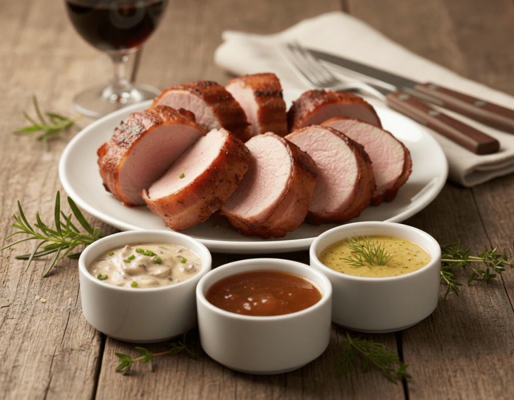 A beautifully arranged plate of pork tenderloin wrapped in bacon, sliced to display the juicy interior, served with an assortment of rich sauces. In the foreground, showcase three vibrant sauce options: a creamy mushroom sauce, a tangy apple-cider glaze, and a zesty mustard sauce, garnished with fresh herbs. The background features a rustic wooden table setting, enhancing the cozy atmosphere. Soft, warm lighting casts a gentle glow, highlighting the textures of the meat and sauces. Use a shallow depth of field to focus on the dish, while the background remains slightly blurred, creating an inviting, appetizing scene perfect for a culinary article. A beautifully arranged plate of pork tenderloin wrapped in bacon, sliced to display the juicy interior, served with an assortment of rich sauces. In the foreground, showcase three vibrant sauce options: a creamy mushroom sauce, a tangy apple-cider glaze, and a zesty mustard sauce, garnished with fresh herbs. The background features a rustic wooden table setting, enhancing the cozy atmosphere. Soft, warm lighting casts a gentle glow, highlighting the textures of the meat and sauces. Use a shallow depth of field to focus on the dish, while the background remains slightly blurred, creating an inviting, appetizing scene perfect for a culinary article.