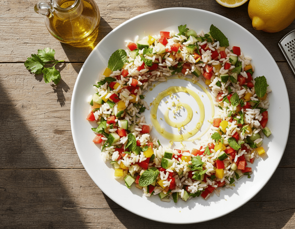 A beautifully arranged plate of rice salad showcasing its perfect consistency and vibrant flavors. In the foreground, the rice salad features fluffy grains, mixed with colorful diced bell peppers, chopped cucumbers, and finely chopped herbs like parsley and mint. In the middle, a drizzle of olive oil and a sprinkle of lemon zest enhance the visual appeal, while light reflects off the glossy dressing, highlighting freshness. The background consists of a rustic wooden table, complemented by bright, natural lighting that casts soft shadows, creating a warm and inviting atmosphere. The overall mood conveys a sense of gourmet presentation, emphasizing the tips for achieving the perfect texture and taste. The lens angle is slightly above the dish, providing a top-down view that captures the intricacies of the salad's ingredients.