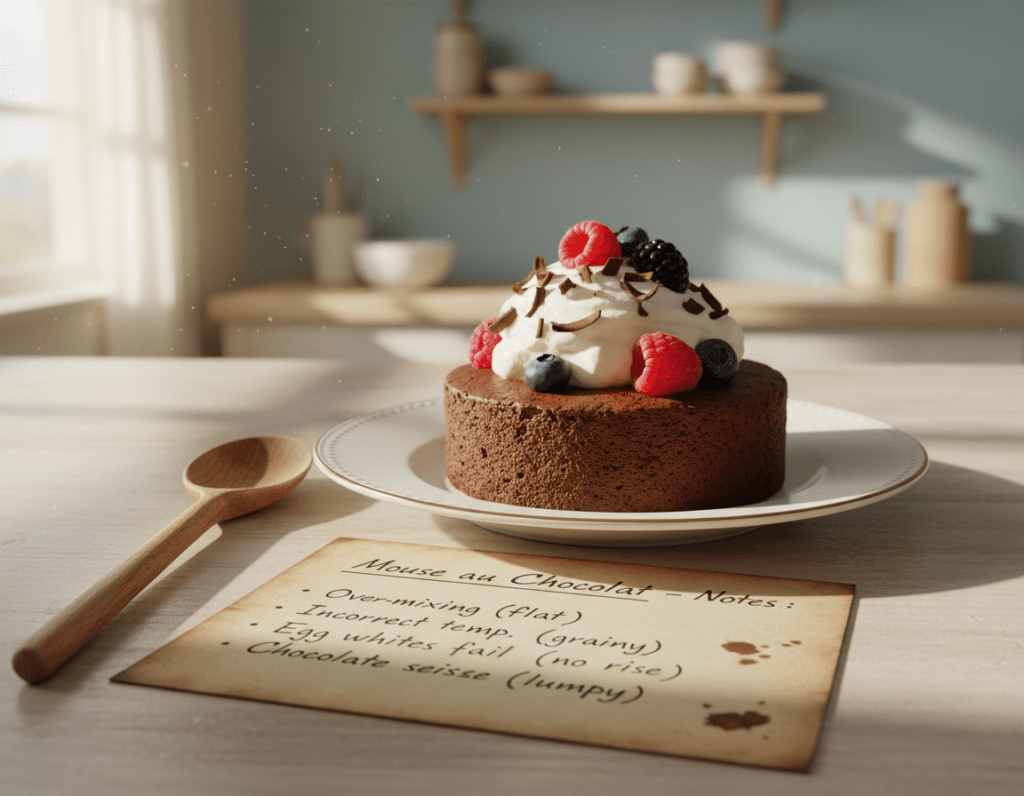 A beautifully arranged plate of rich, decadent Mousse au Chocolat topped with a dollop of whipped cream, delicate chocolate shavings, and fresh berries, emphasizing the elegance of the dessert. In the foreground, a wooden spoon rests beside the dessert, suggesting a homey atmosphere. In the middle ground, a vintage recipe card with handwritten notes and common mistakes in preparing Mousse au Chocolat, like over-mixing or incorrect temperature, subtly captures the theme of errors to avoid. The background features a softly lit kitchen setting, with a hint of pastel-colored walls, conveying warmth and comfort. Natural light filters through a nearby window, casting gentle shadows, enhancing the inviting mood of the scene.