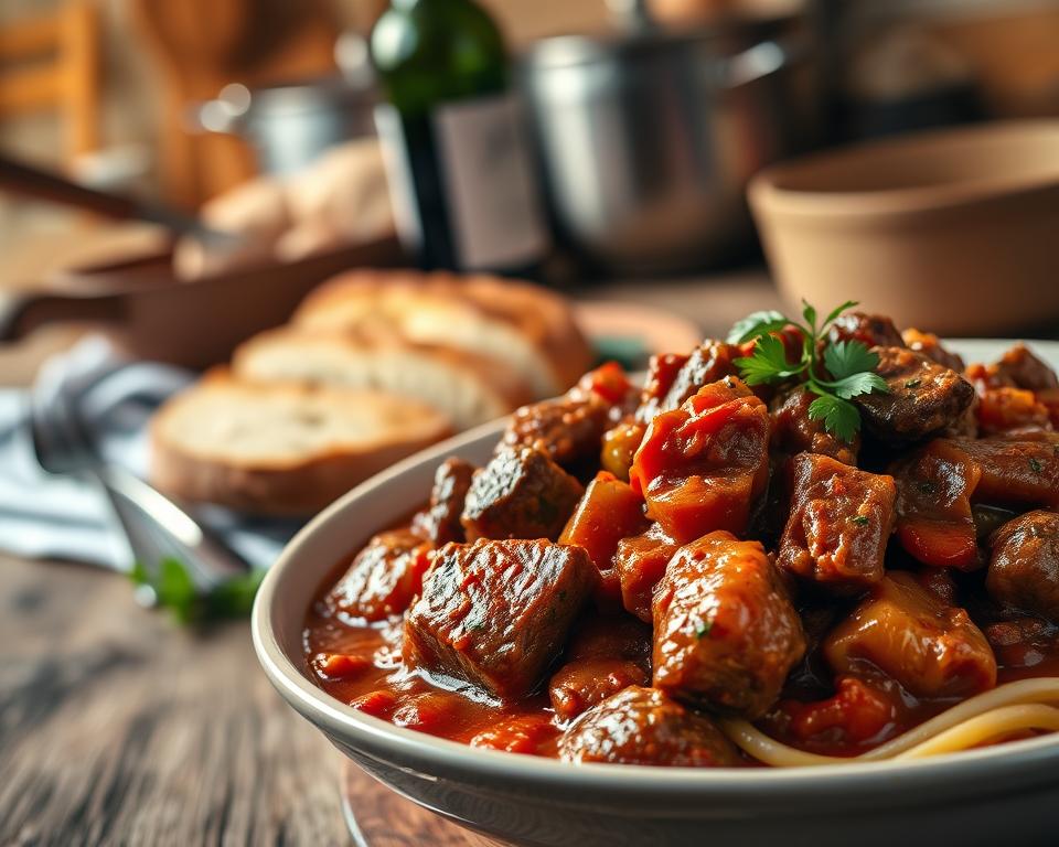 A beautifully arranged plate of rich, hearty Italian ragout, showcasing perfectly cooked pieces of meat and vibrant vegetables, all glistening in a savory sauce. In the foreground, focus on a serving bowl filled with the ragout, garnished with fresh herbs. In the middle ground, a rustic wooden table holds a loaf of crusty bread and a bottle of robust red wine, hinting at a traditional Italian kitchen atmosphere. Soft, warm lighting highlights the textures of the meat and the depth of the sauce, creating an inviting and comforting mood. In the background, blurry hints of a kitchen setting with pots and cooking utensils add to the authenticity, emphasizing the importance of avoiding common mistakes to achieve the perfect consistency.
